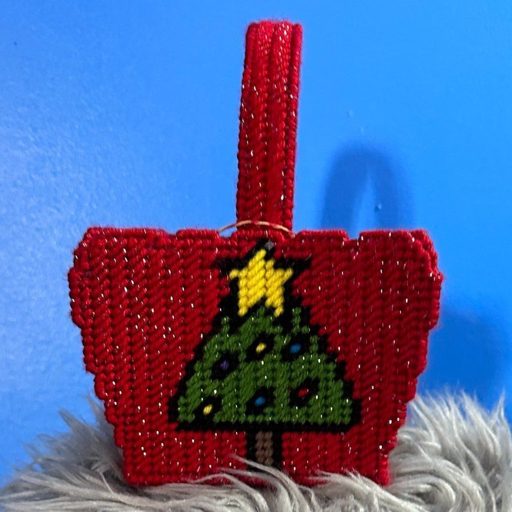 Handmade Christmas Gift Basket Red Glitter Yarn Hand Sewn Holiday Decor